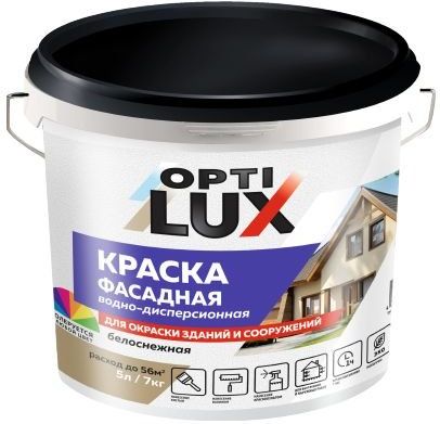 Краска водно-дисперсионная Оптилюкс, фасадная, белоснежная, 1.4 кг купить в СОМ